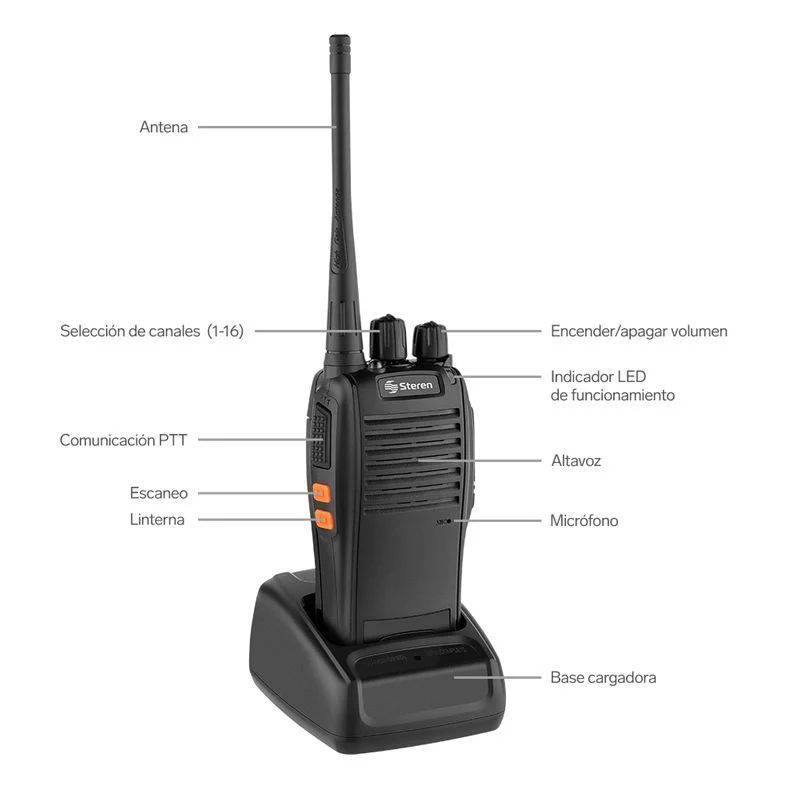 Kit de 2 radios intercomunicadores steren rad-010, bateria recargable, 16 canales, color negro