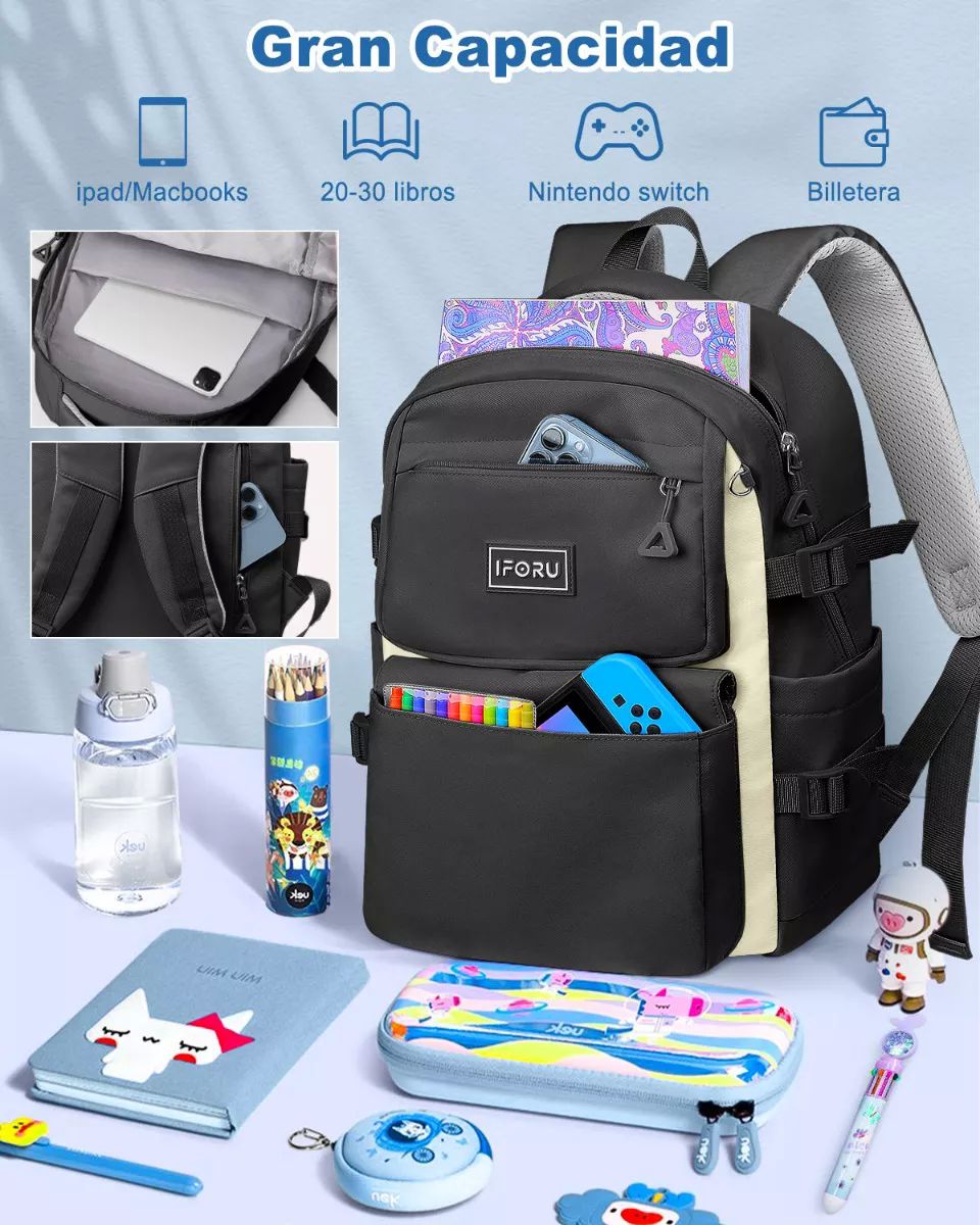 Mochila Escolar Viaje Bolsa Para Laptop 15.6 Inch Iforu 30 L color NEGRO