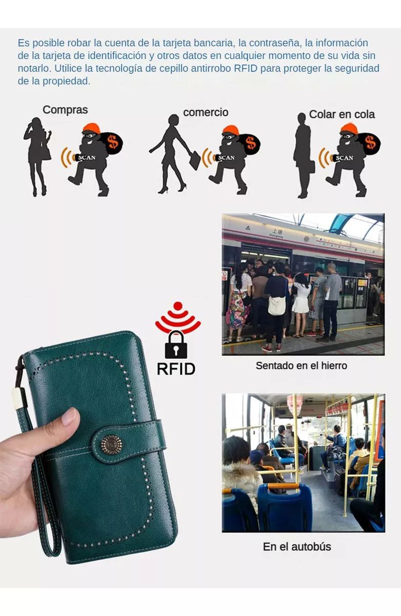 Cartera Para Mujer Gran Capacidad,billetera Con Bloqueo Rfid color GRIS