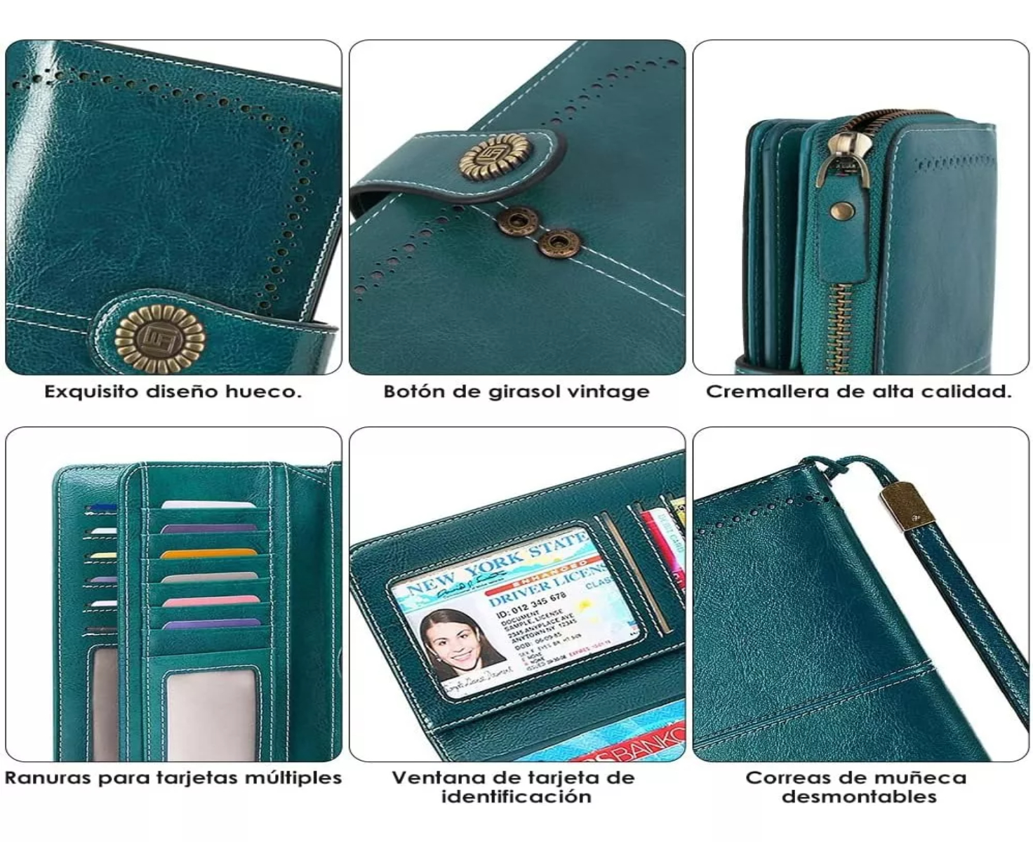 Cartera Para Mujer Gran Capacidad,billetera Con Bloqueo Rfid color AZUL PETRÓLEO.