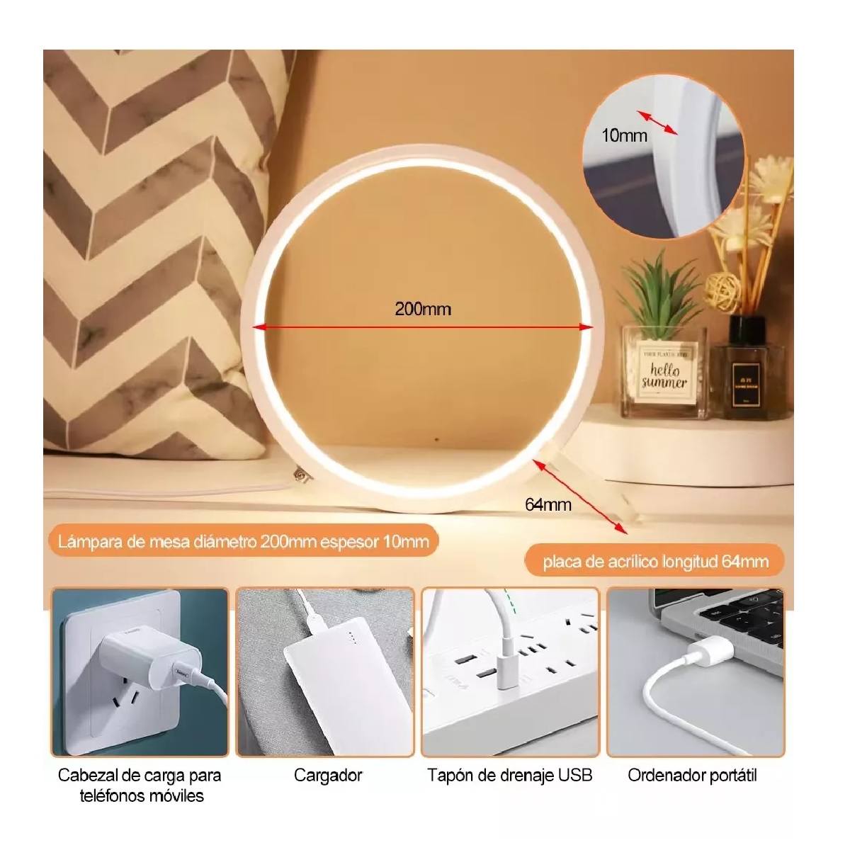 Lámpara De Escritorio Led Anular Mesa Protección Ocular Usb