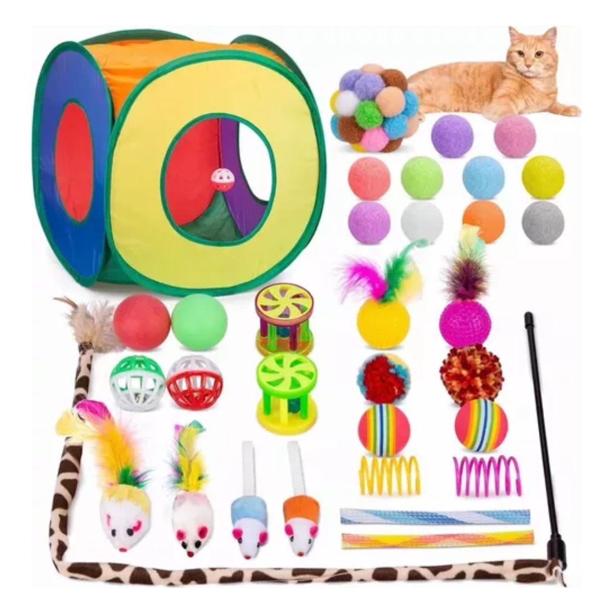 Juguetes Para Gato 33 Pz Pluma Varita Bola Túnel Casa Ratone Multicolor