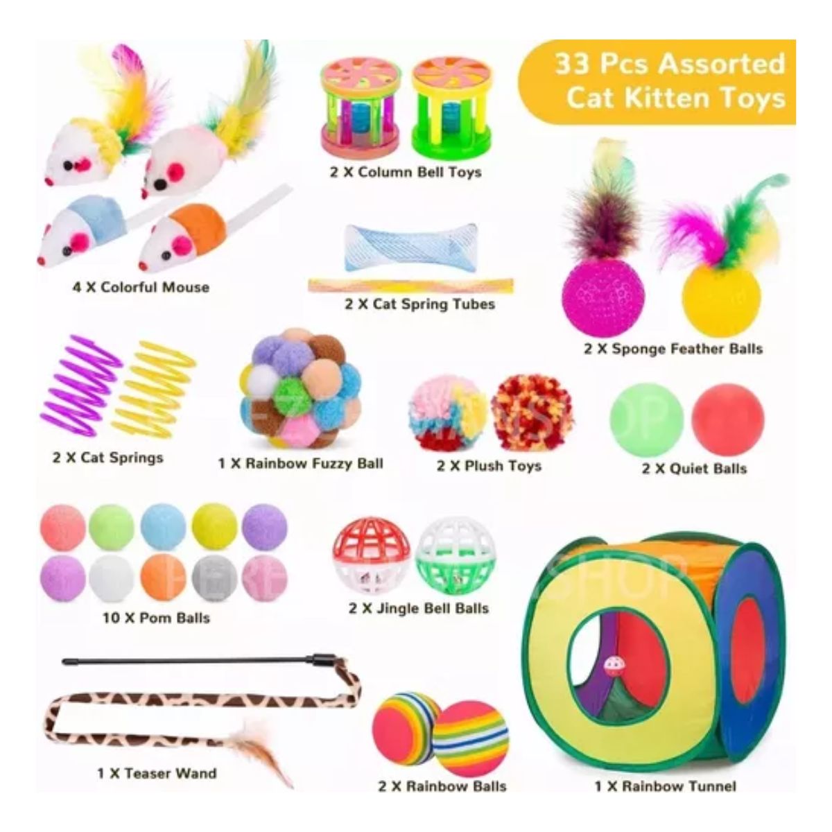 Juguetes Para Gato 33 Pz Pluma Varita Bola Túnel Casa Ratone Multicolor