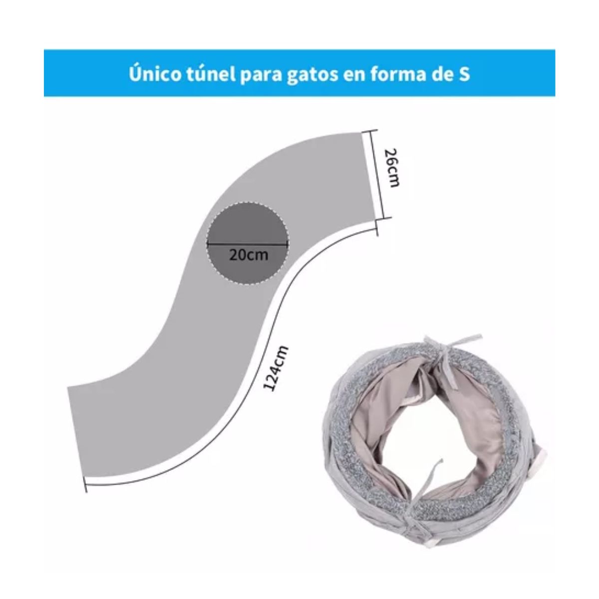 Túnel Plegable Para Gato Con Bola Colgante, Forma De S 124cm Gris 