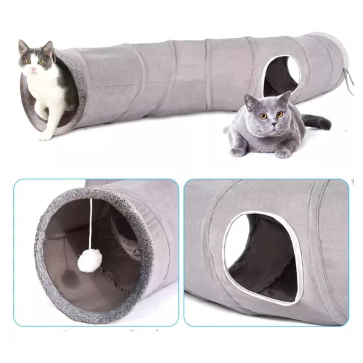 Túnel Plegable Para Gato Con Bola Colgante, Forma De S 124cm Gris 