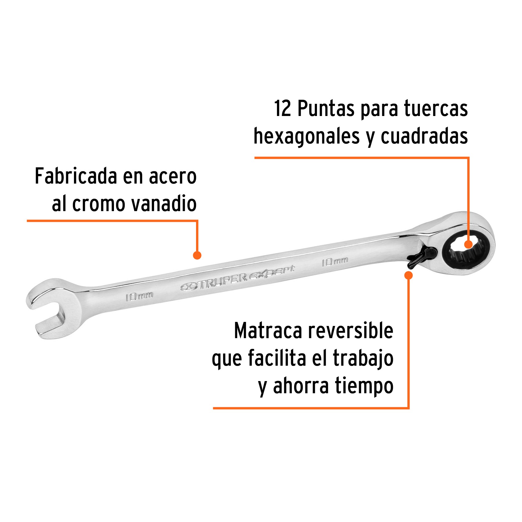 LLAVE COMBINADA MATRACA REVERSIBLE 10MMX154 MM LARGO, TRUPER EXPERT 13664