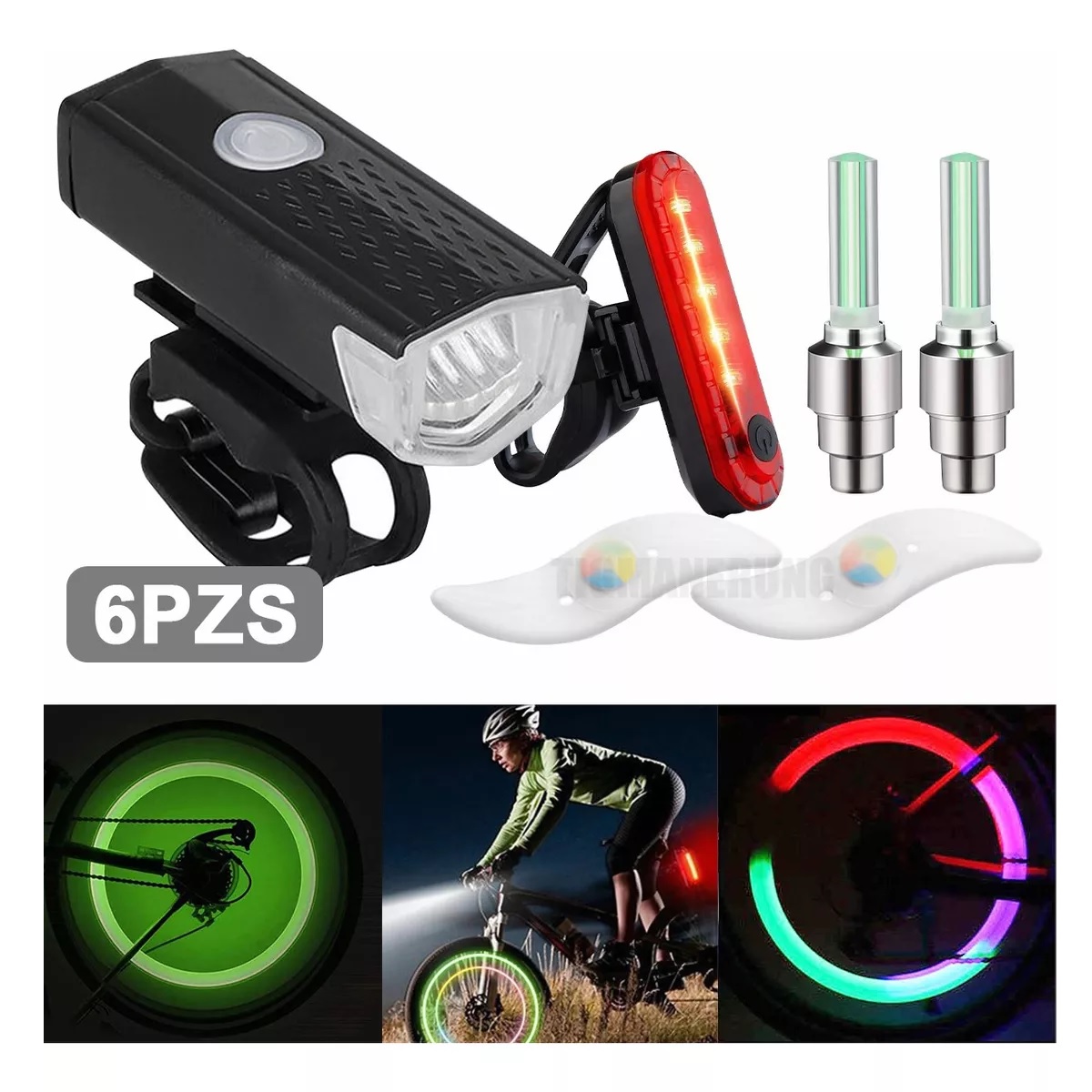Kit 6pz Luz Bicicleta Accesorios Usb Recargable Delantera Traser
