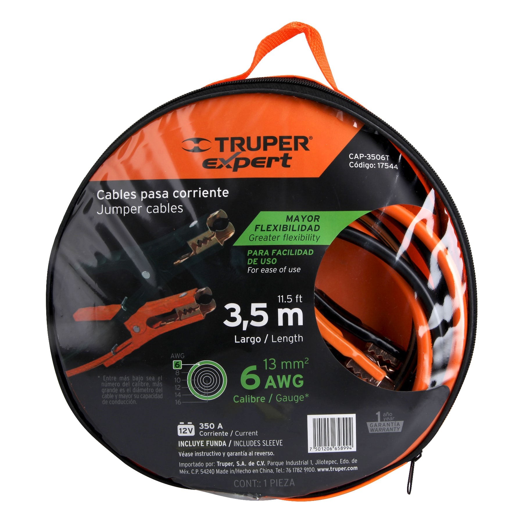CABLES PASA CORRIENTE 3.5 M, 350 A, 6 AWG, CON FUNDA, TRUPER EXPERT 17544