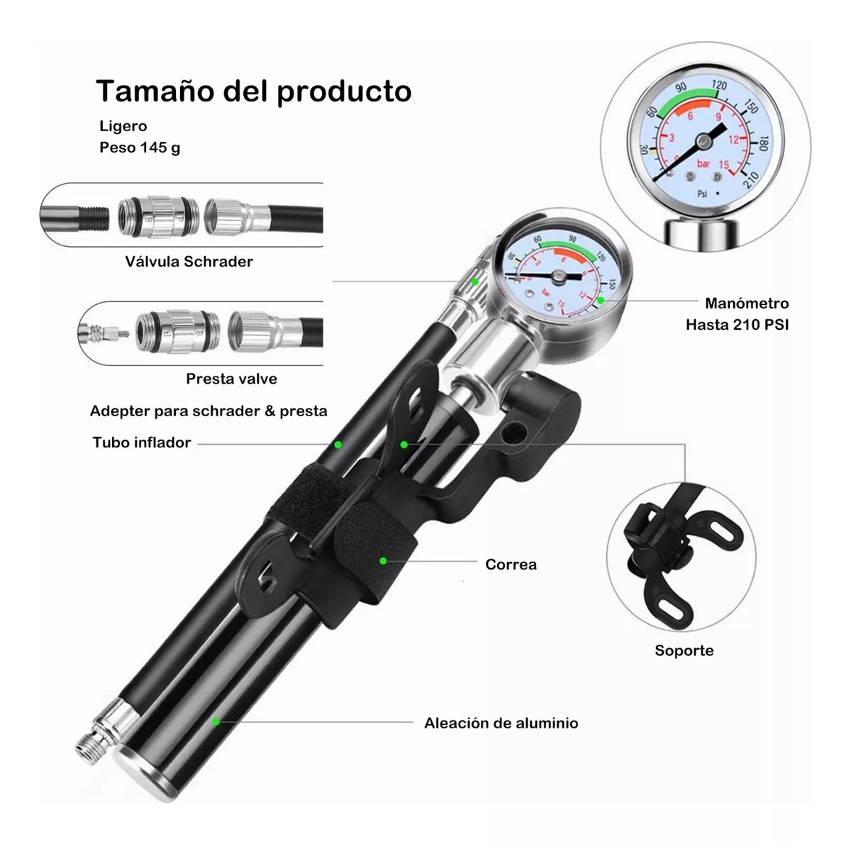 Bomba De Aire Bicicleta Mini Inflador Para 210 Alta Presión