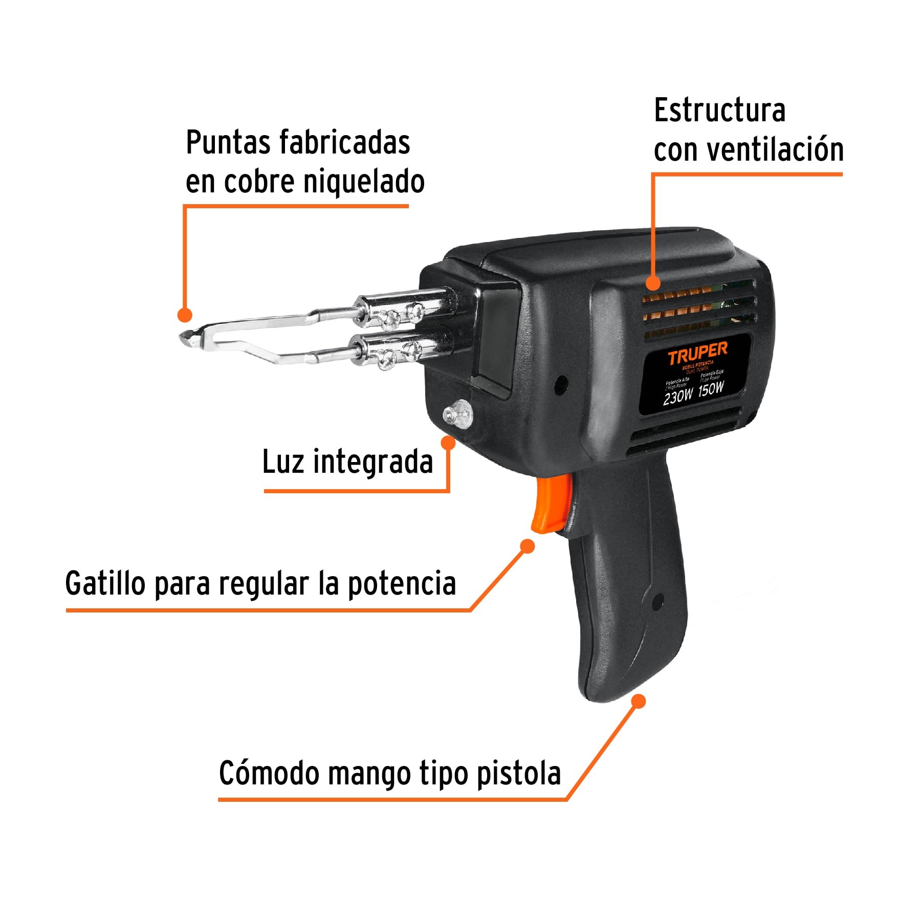 CAUTÍN 230 W TIPO PISTOLA CON 2 TEMPERATURAS, TRUPER 17549