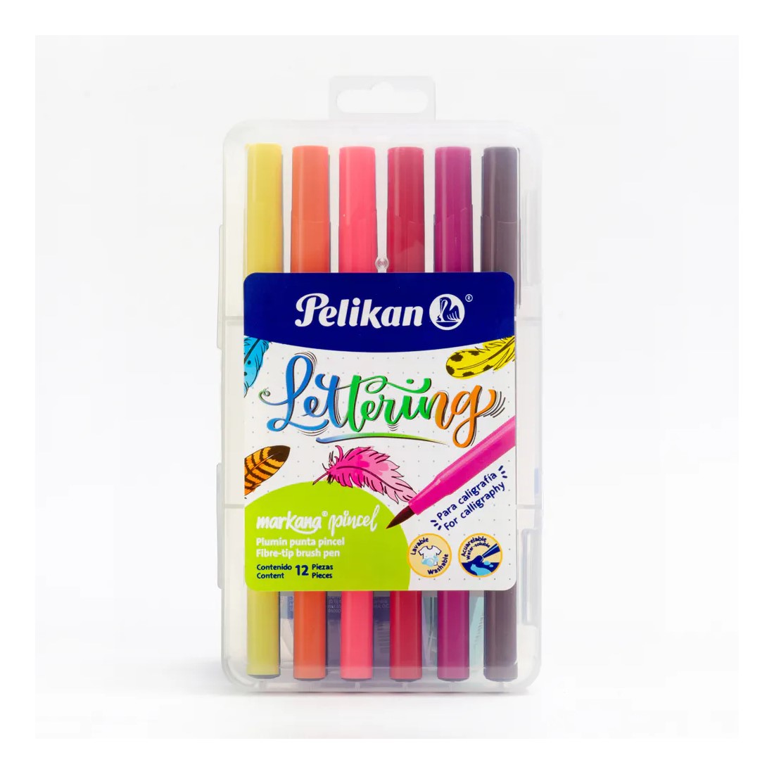 Pelikan Lettering Markana Pincel, Estuche con 12 Marcadores de Punta Pincel 30341200, Para Caligrafía, Colores Surtidos, Tinta Base Agua