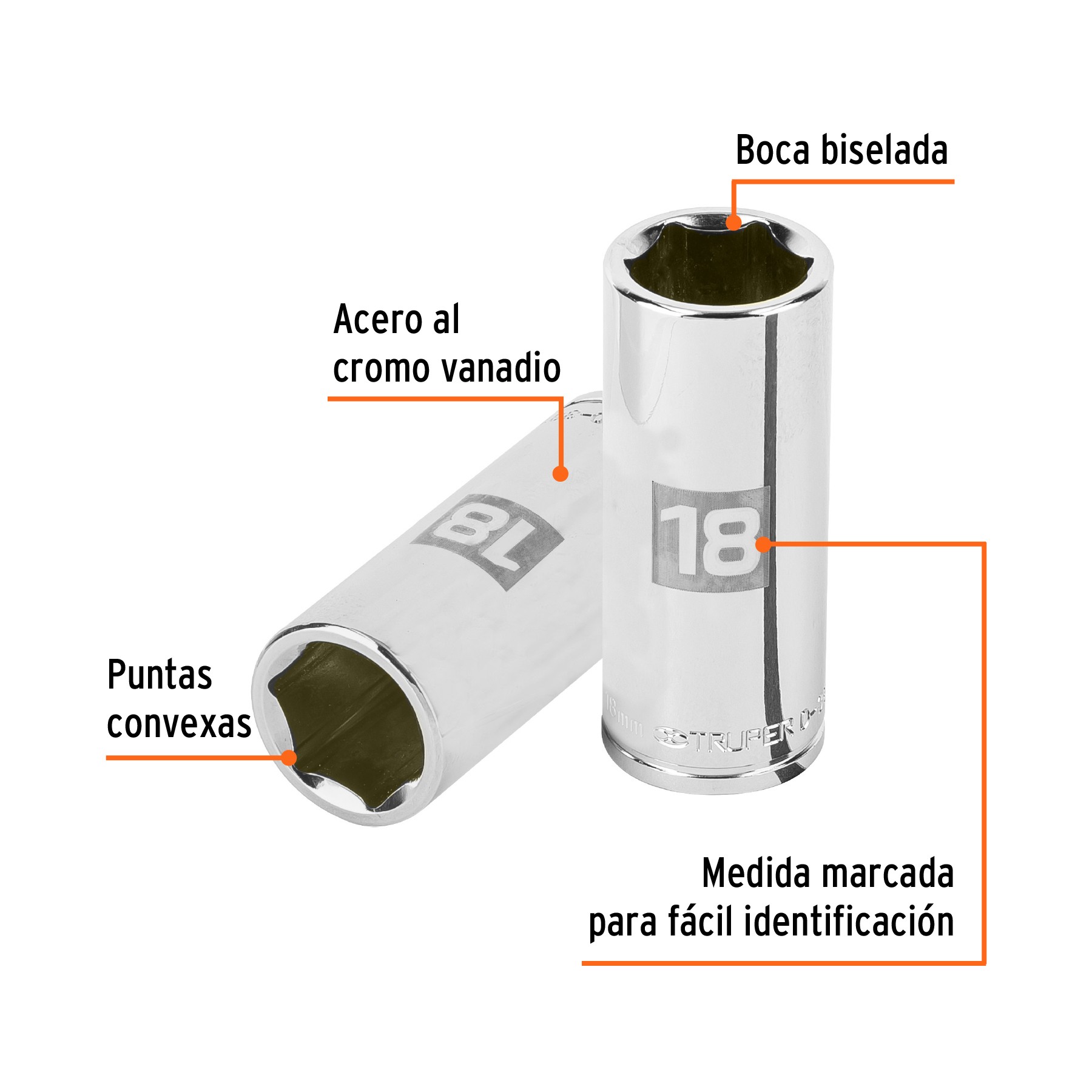 DADO LARGO DE 18 MM, 6 PUNTAS, CUADRO 3/8", TRUPER 13778