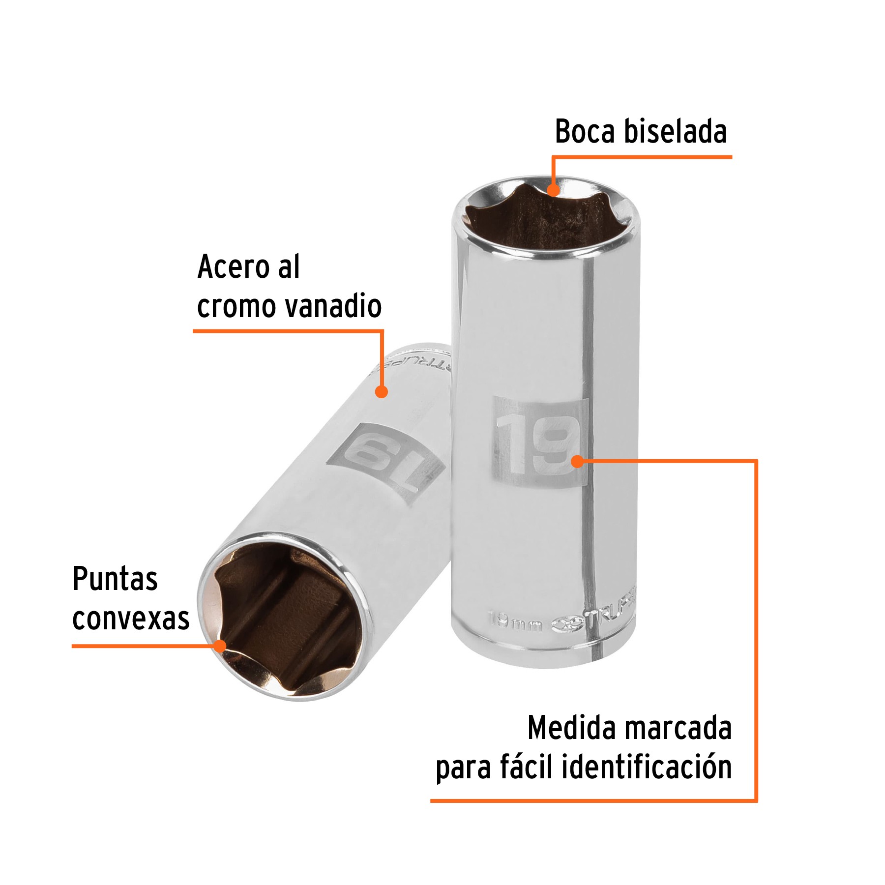 DADO LARGO DE 19 MM, 6 PUNTAS, CUADRO 3/8", TRUPER 13779