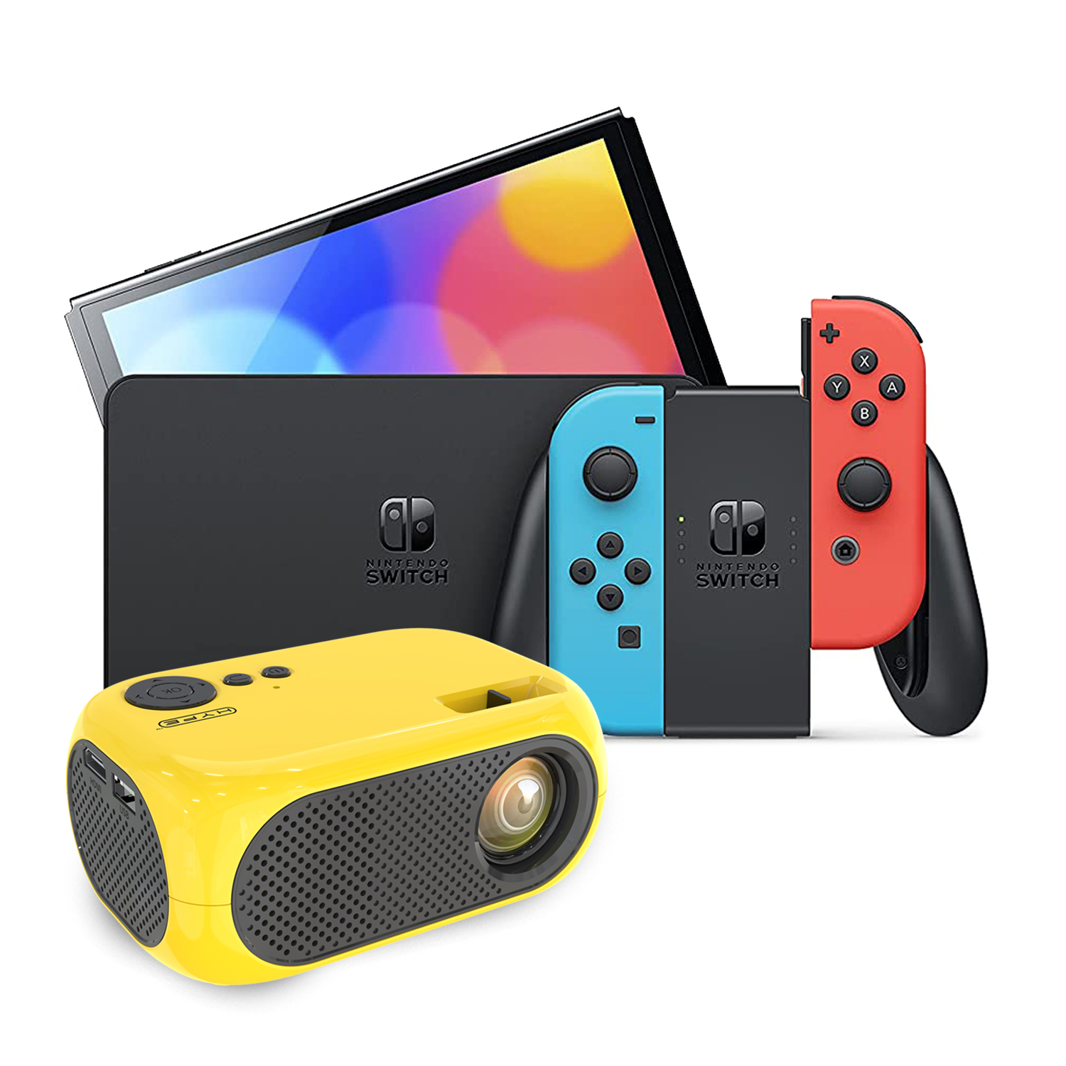 NINTENDO SWITCH OLED 64GB NEON AZUL / ROJO MÁS PROYECTOR AMARILLO