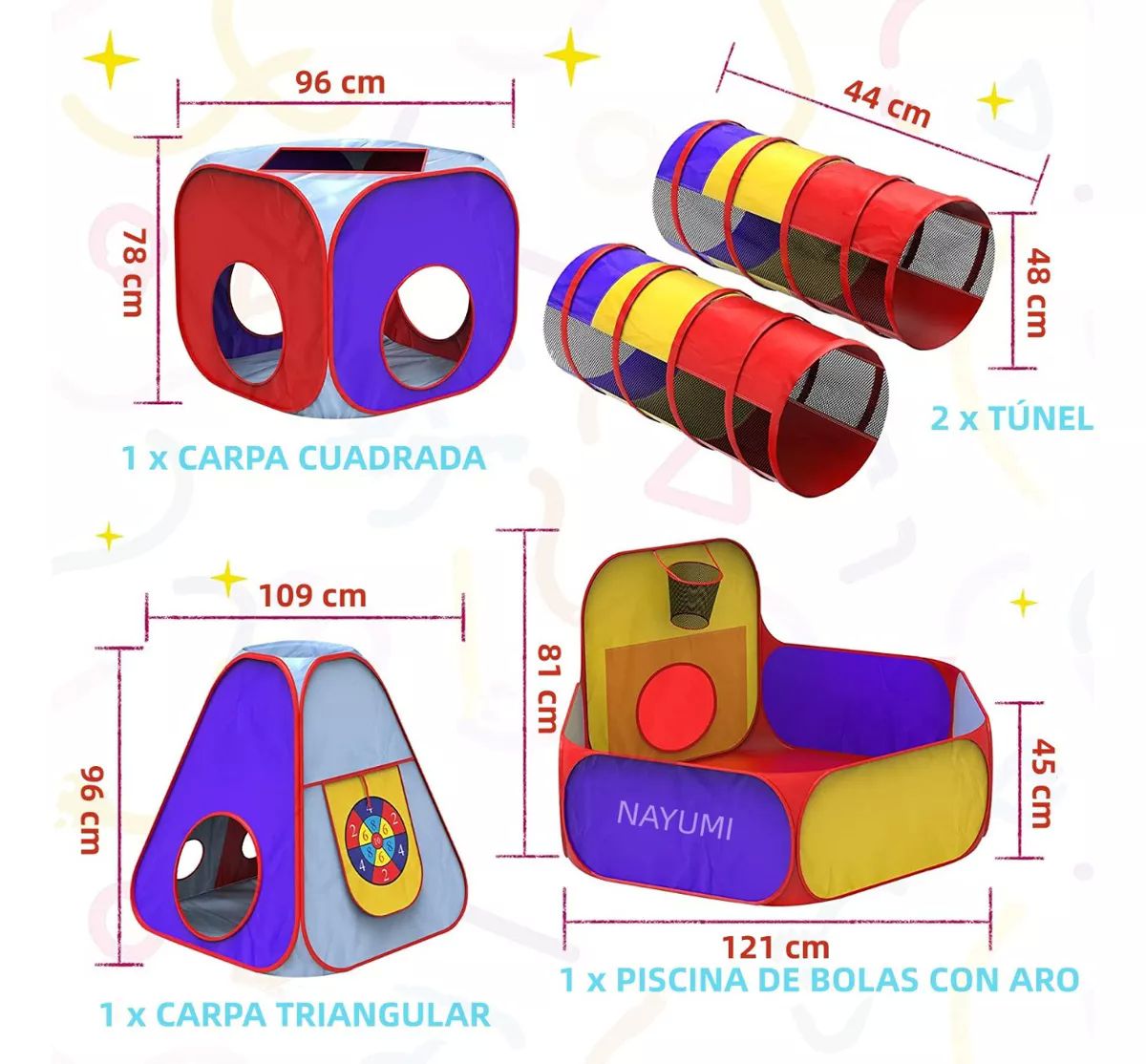 Túnel Infantil para Niños con Alberca para Pelotas Tienda Carpa Casita Castillo 7 en 1 Juguetes
