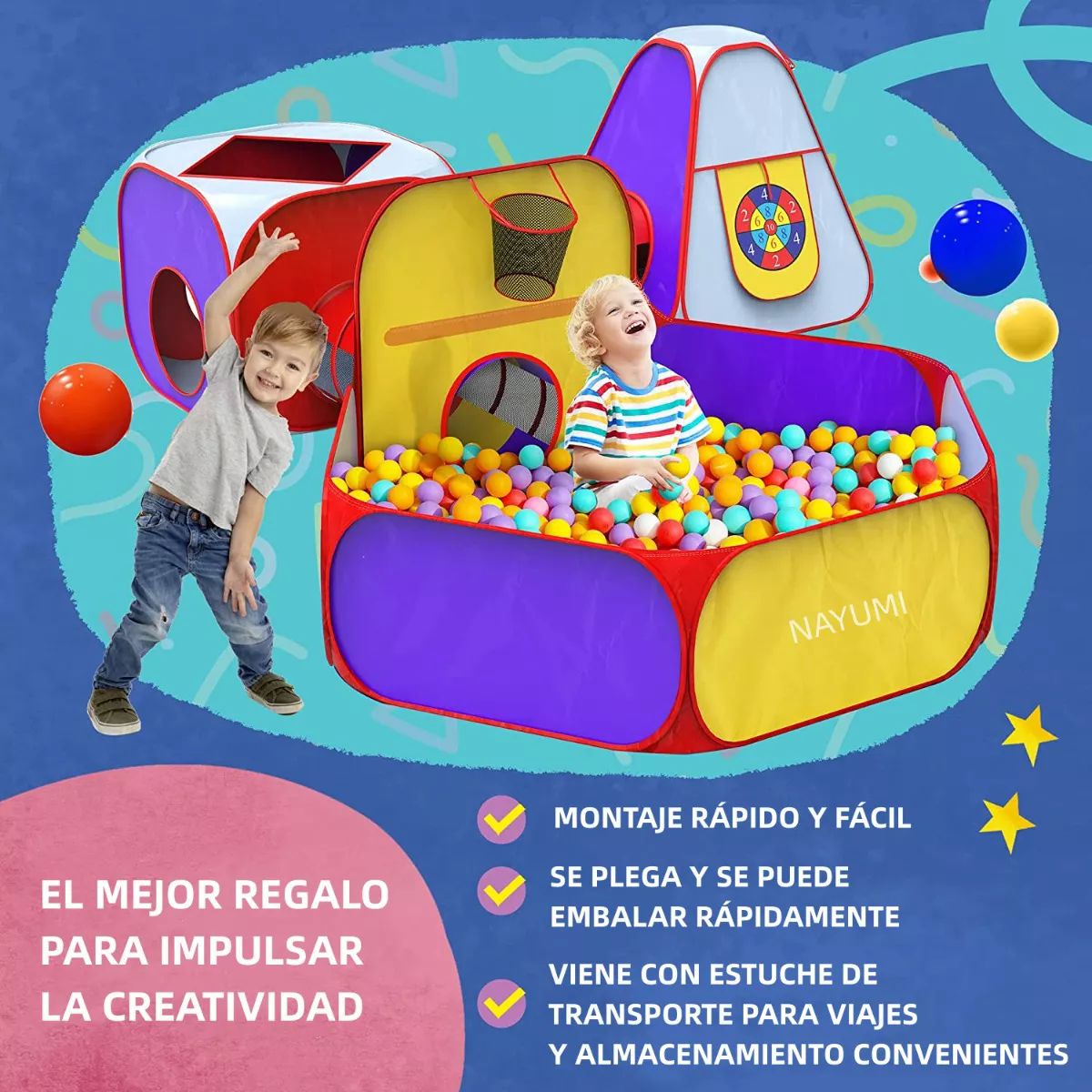 Túnel Infantil para Niños con Alberca para Pelotas Tienda Carpa Casita Castillo 7 en 1 Juguetes