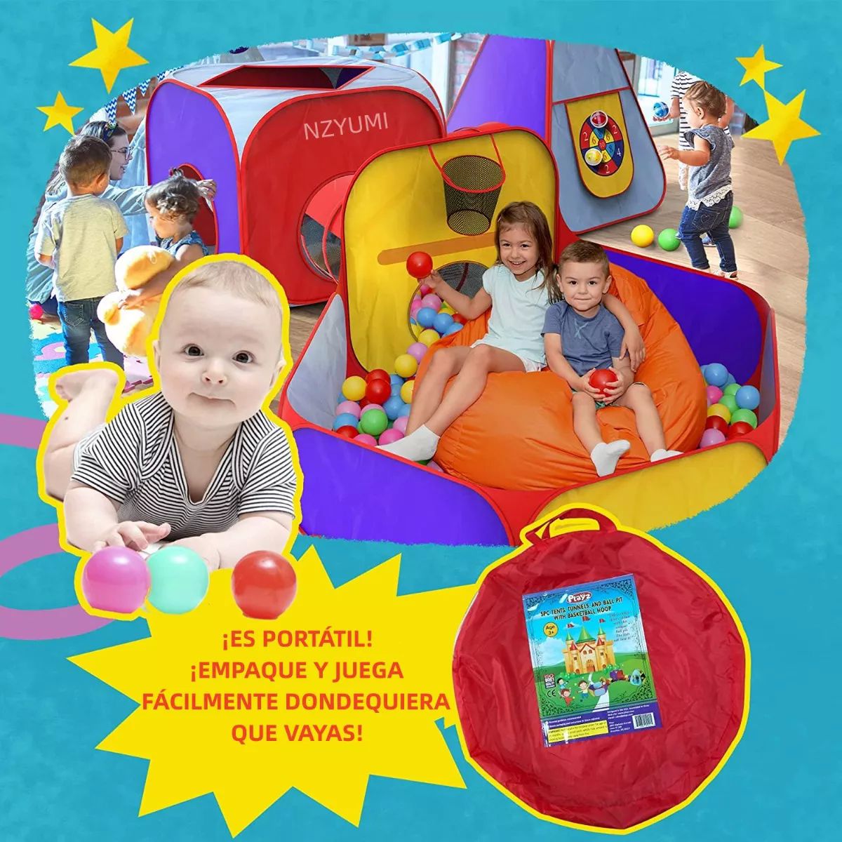 Túnel Infantil para Niños con Alberca para Pelotas Tienda Carpa Casita Castillo 7 en 1 Juguetes