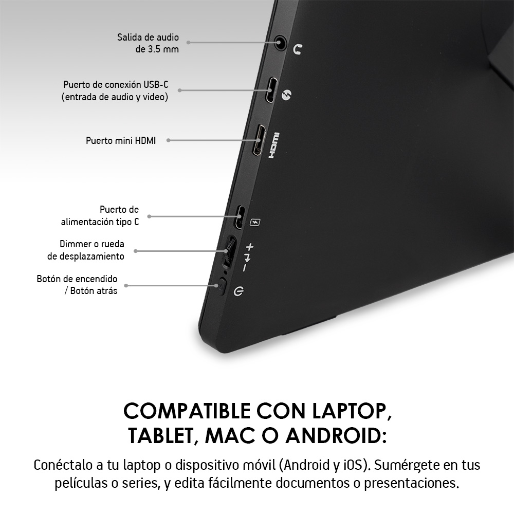 Monitor Portátil Full HD de 15.6 pulgadas para Laptop, Tablet y Celular Android
