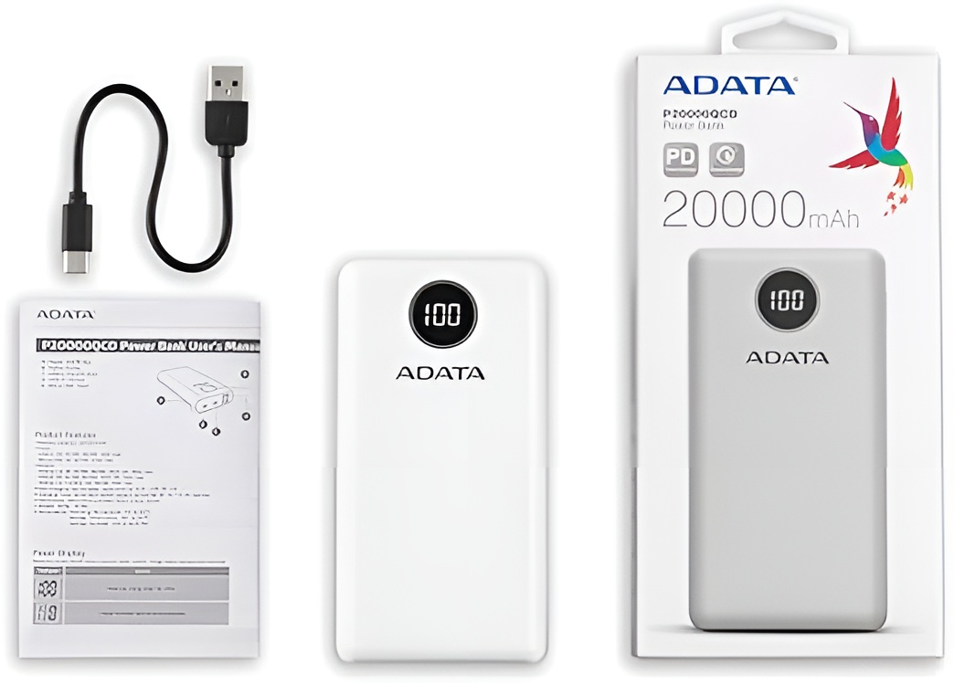 Batería Portátil Recargable ADATA Powerbank de 20,000 mAh (74Wh), Color Blanca, Tecnologías de Carga Rápida Qualcomm QC 3.0 / USB PD 3.0
