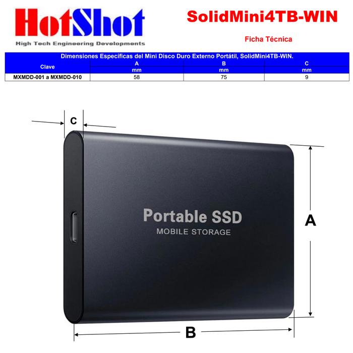 Disco Duro SSD Portátil Tipo C 4TB MXMDD-001-1 1 Pza 4TB Negro SSD Lectura 30 MBs Escritura 37 MBs USB-C Entrada USB-A-C Salida, SolidMini04TB-WIN