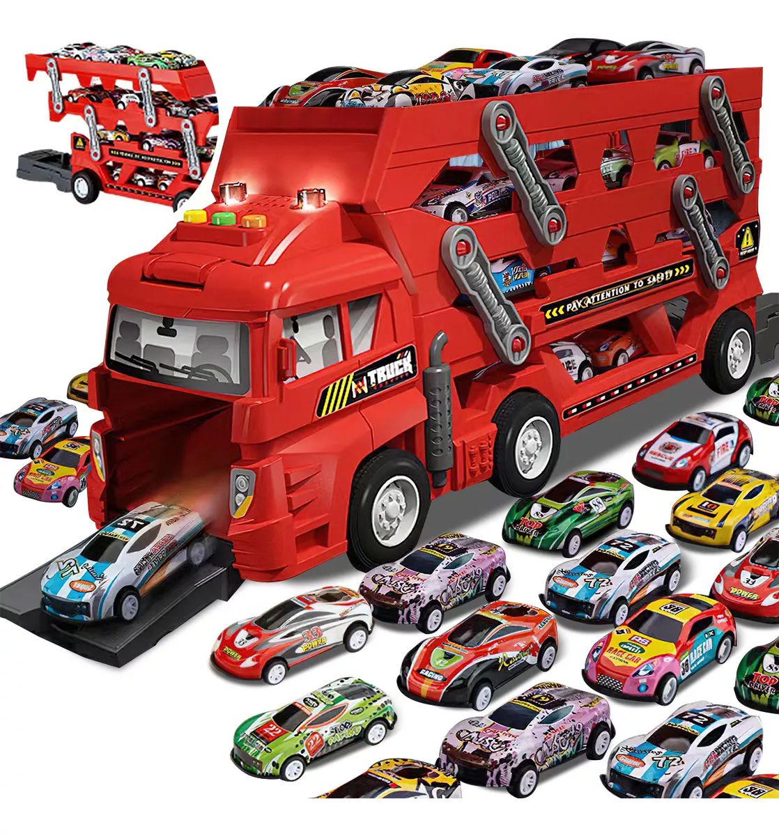 Camión Porta Coches Carros Color Rojo con Eyección de Luz y Sonido 25 Piezas Juguetes