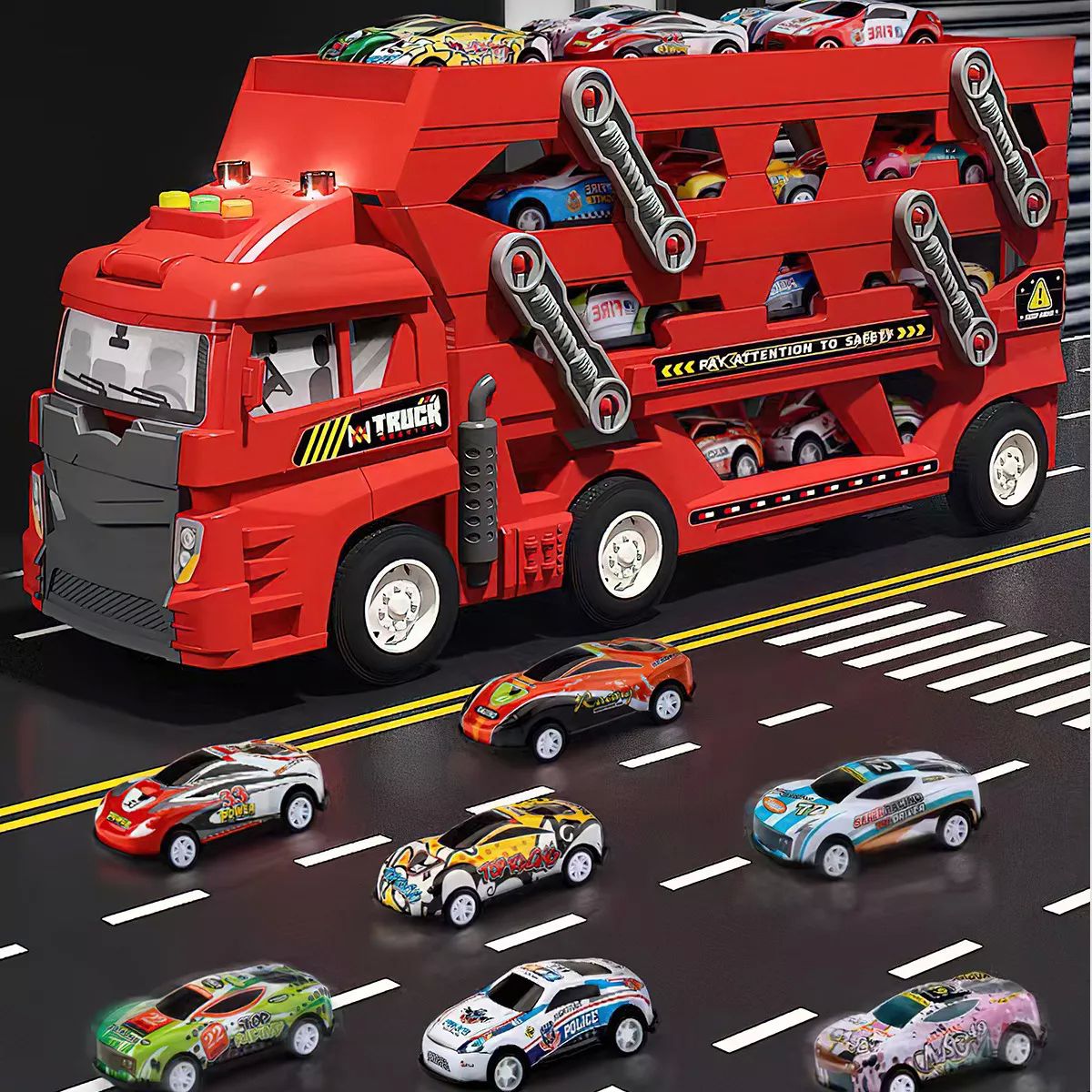Camión Porta Coches Carros Color Rojo con Eyección de Luz y Sonido 25 Piezas Juguetes