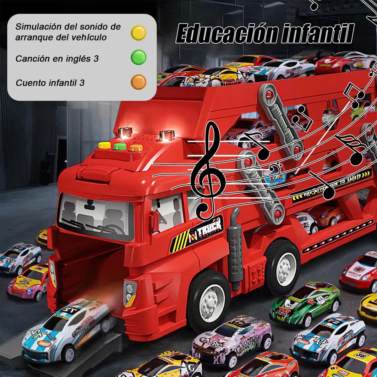 Camión Porta Coches Carros Color Rojo con Eyección de Luz y Sonido 25 Piezas Juguetes