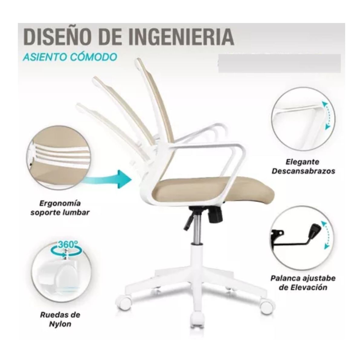 Silla Oficina Ergonómica Giratoria De Escritorio Beige