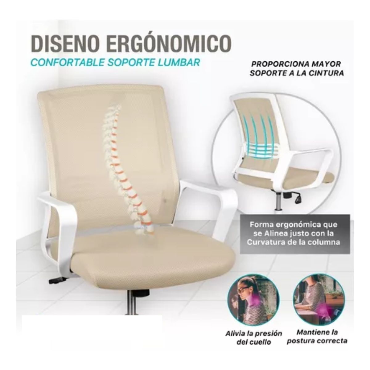 Silla Oficina Ergonómica Giratoria De Escritorio Beige