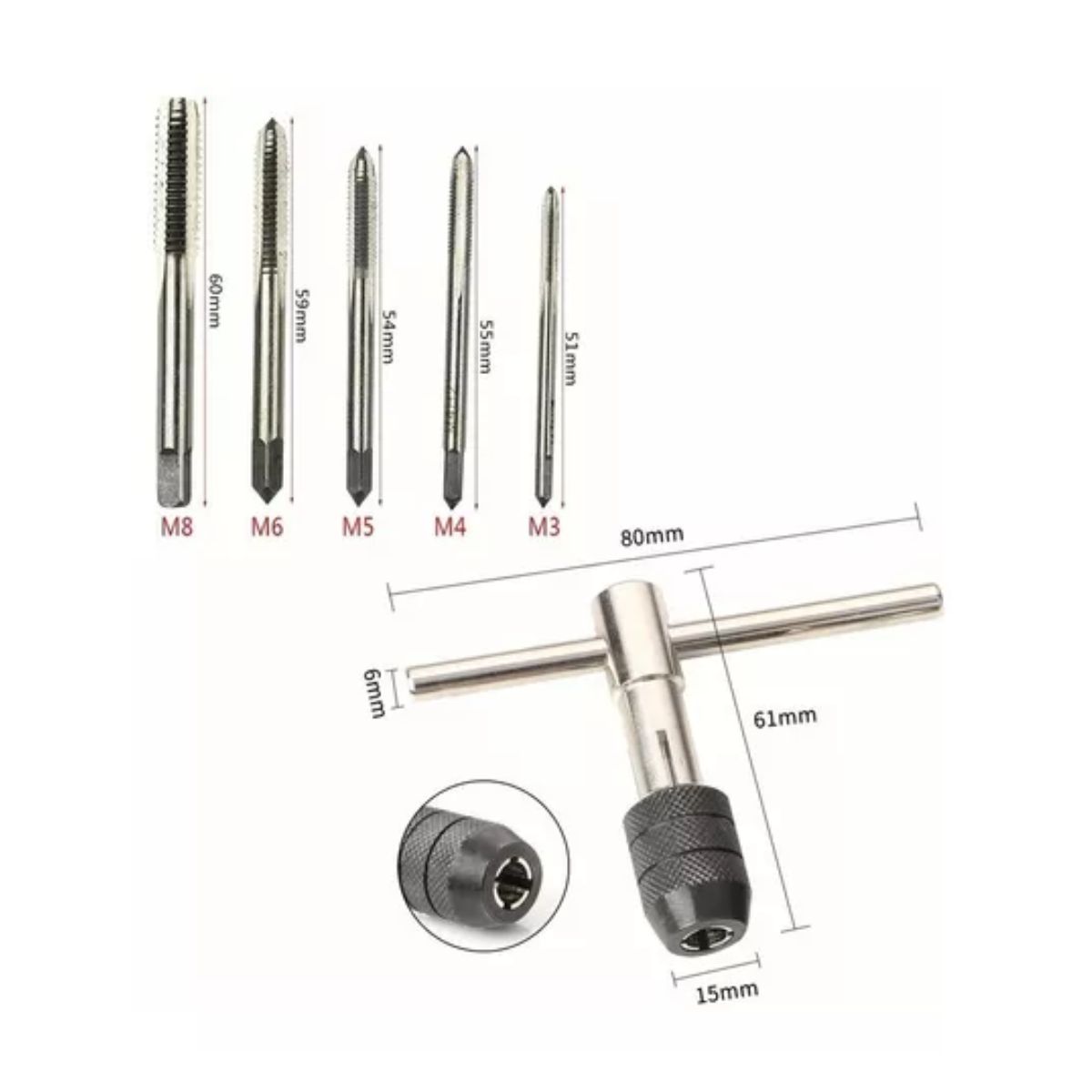 Machuelos Con Maneral Brocas Para Rosca Roscador M3 - M8 6 Pzs Plata