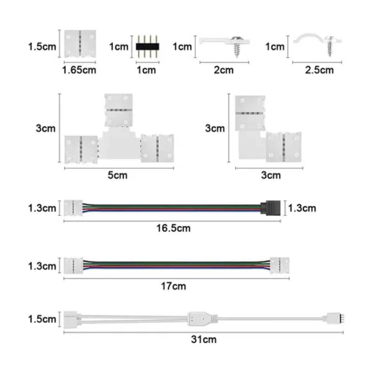 Conector Broche Para Unir Tira Led Rgb 4 Pines 10mm 95 Pzs, Blanco, Negro