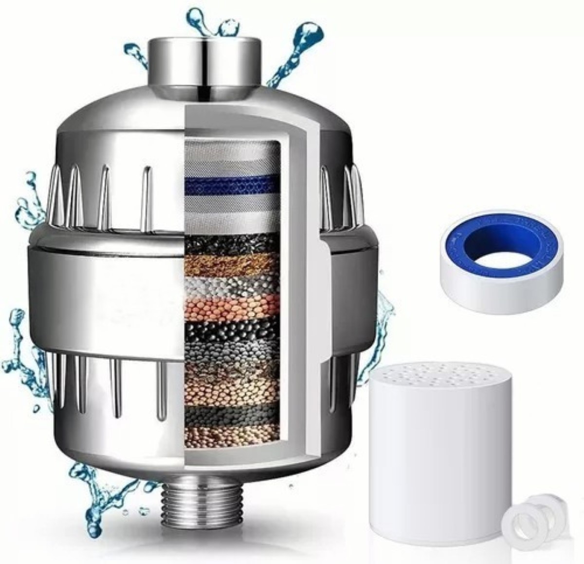 Filtro De Agua Regadera Ducha De 15 Etapas + Cartucho Extra Plata 