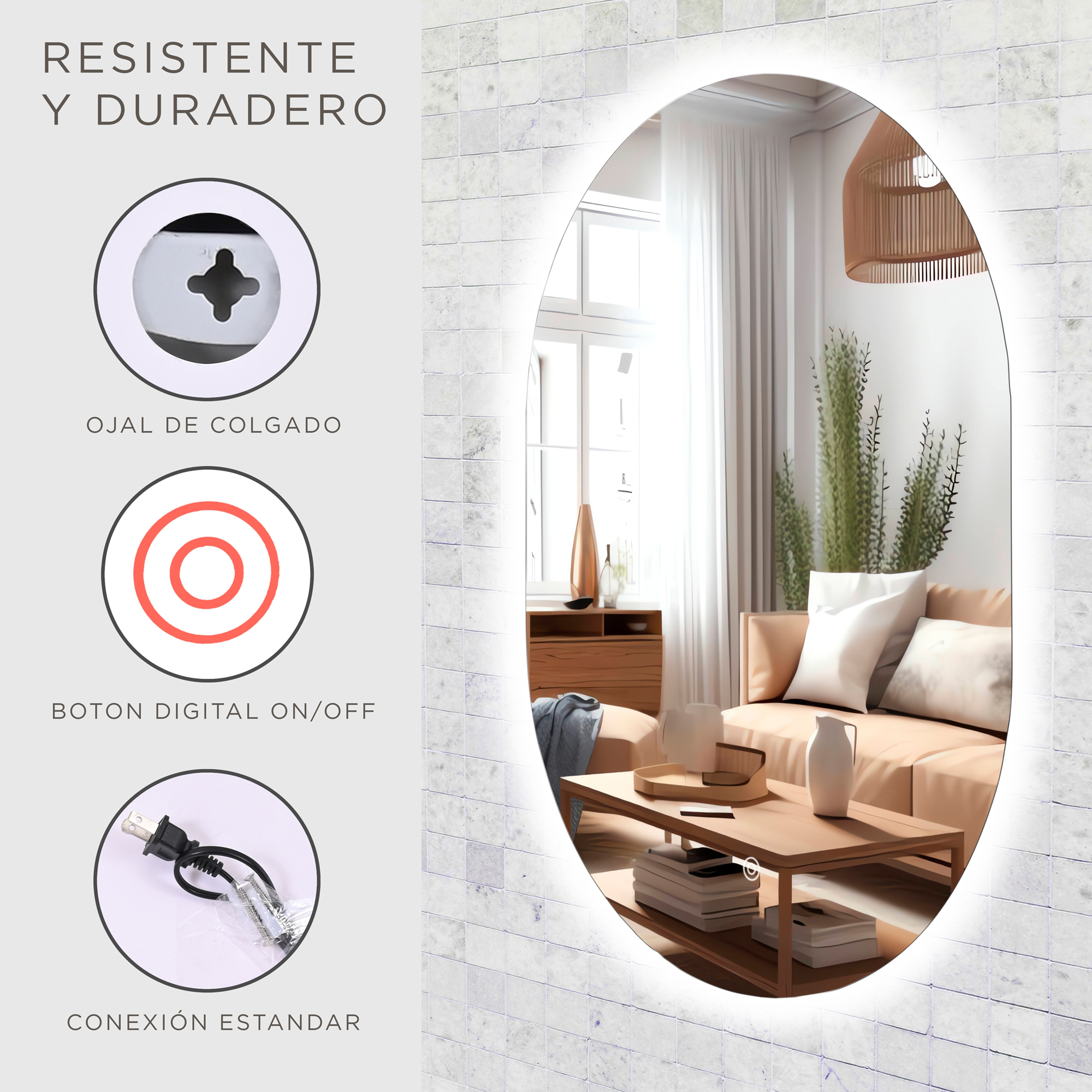 Espejo Ovalado De 60X80cm Con Luz Led Indirecta Marca Gravita.