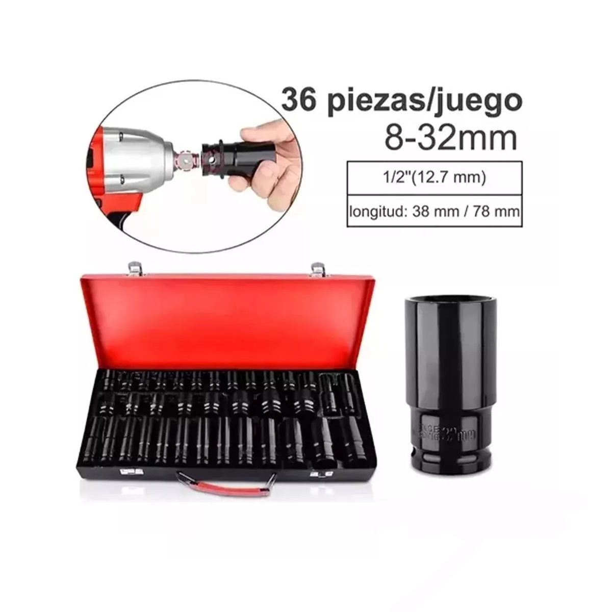 Juego De Dados De Impacto De 1/2 Pulgada 8-32 Mm, 35 Piezas