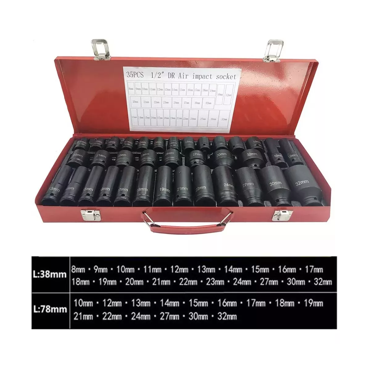 Juego De Dados De Impacto De 1/2 Pulgada 8-32 Mm, 35 Piezas