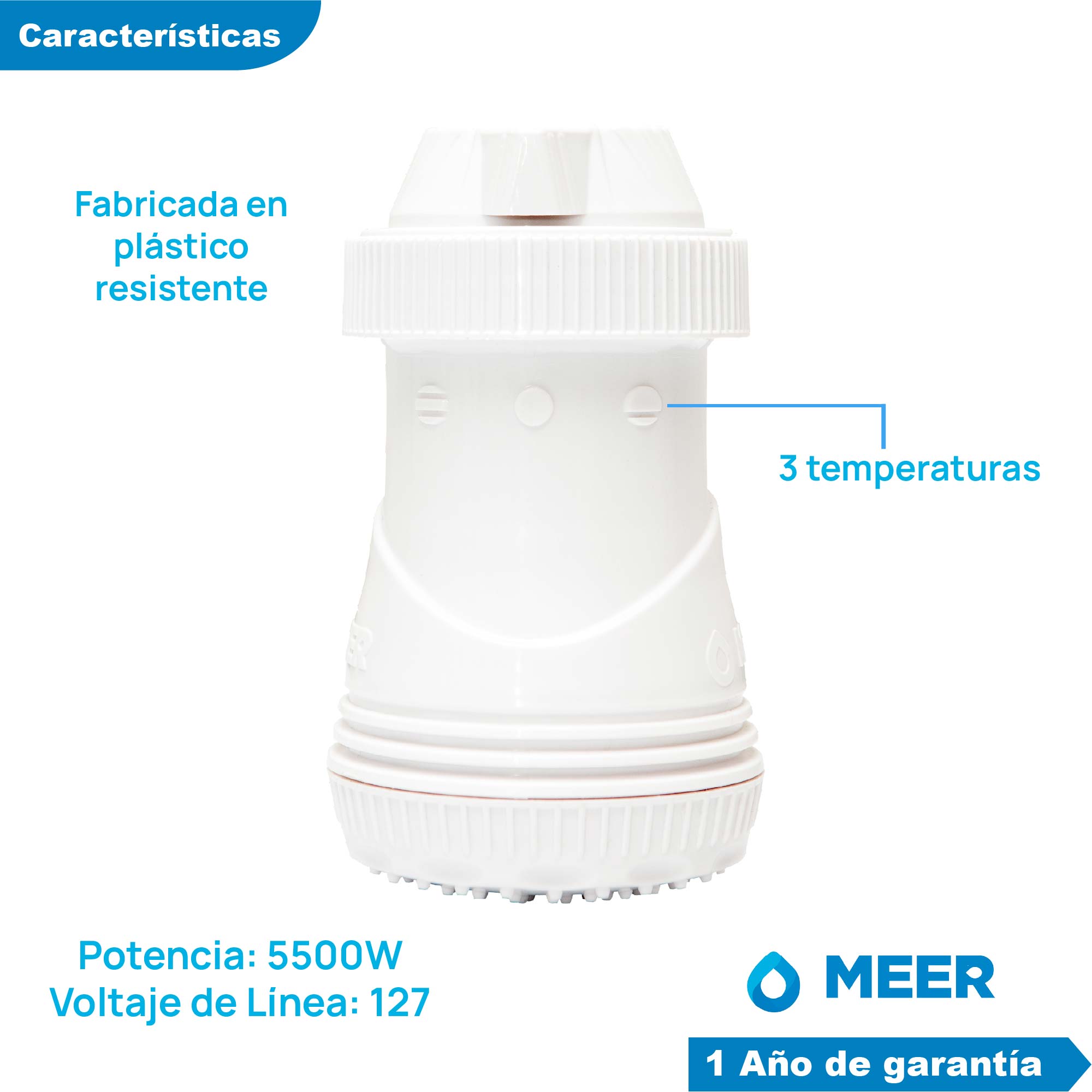 Regadera Eléctrica de Baño de 3 Temperaturas 5500W de Potencia, 127 V