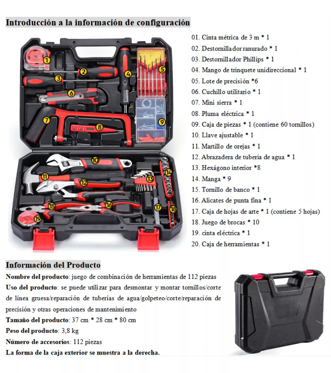 112pzs Juego Herramientas Set Mecánicas Reparación Doméstica.