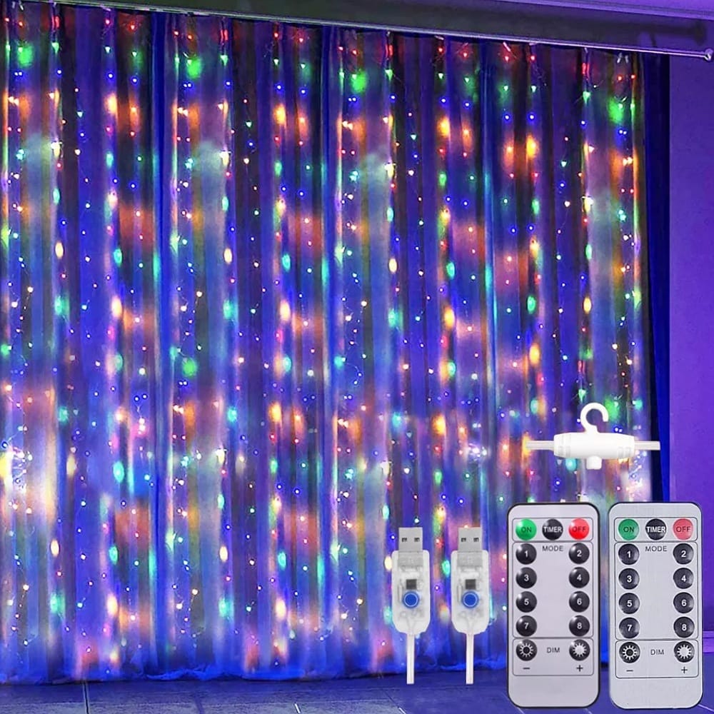 Cortinas Serie Luces 300 Led Decorativas Usb 3x3m 2 Piezas
