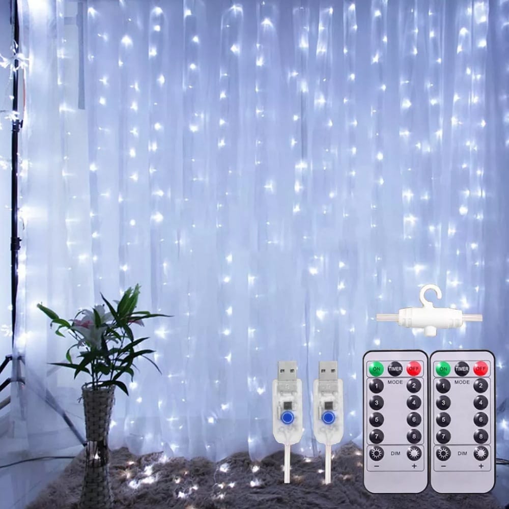 Cortinas Serie Luces 300 Led Decorativas Usb 3x3m 2 Piezas