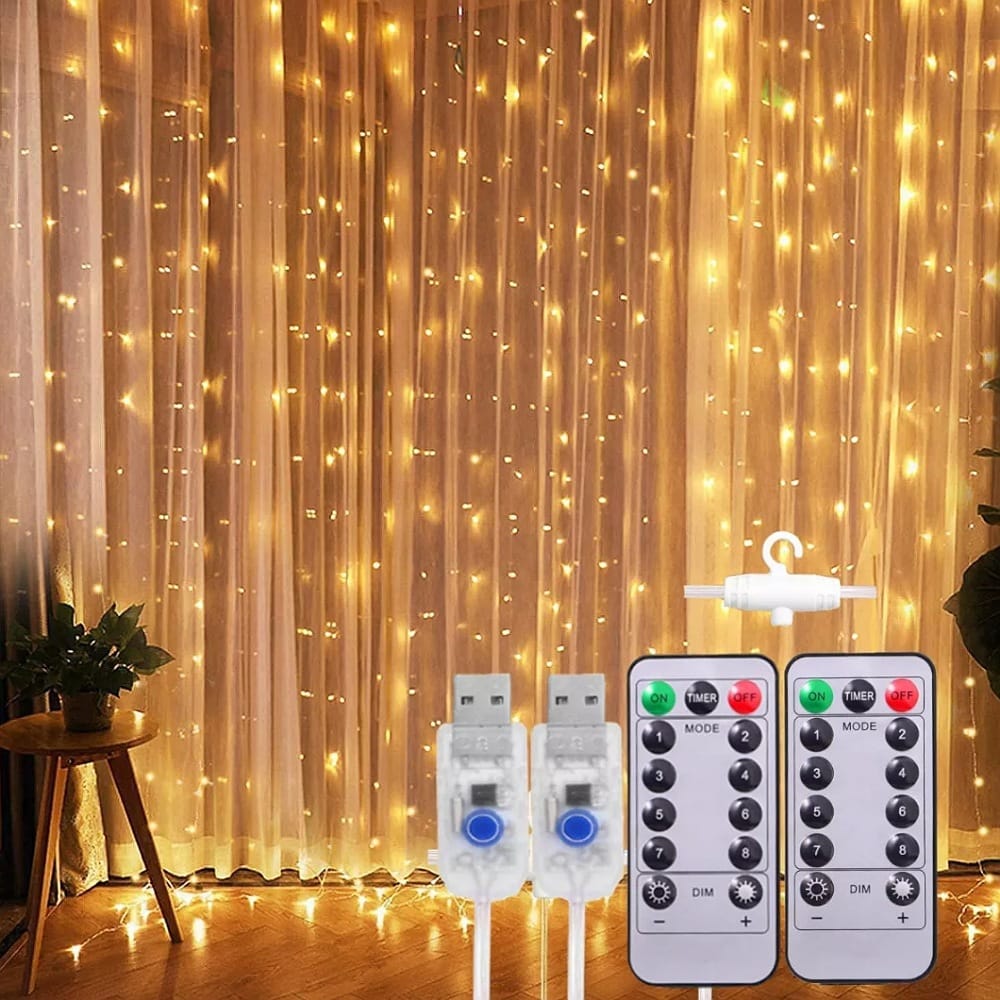 Cortinas Serie Luces 300 Led Decorativas Usb 3x3m 2 Piezas