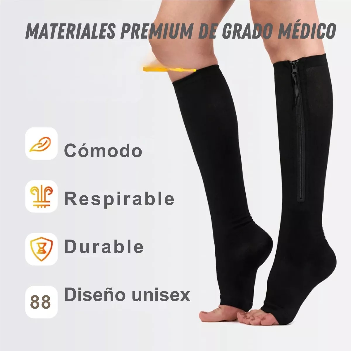 Par Calcetas Compresión Medias Calcetines Cierre Como Zip S/M Negro