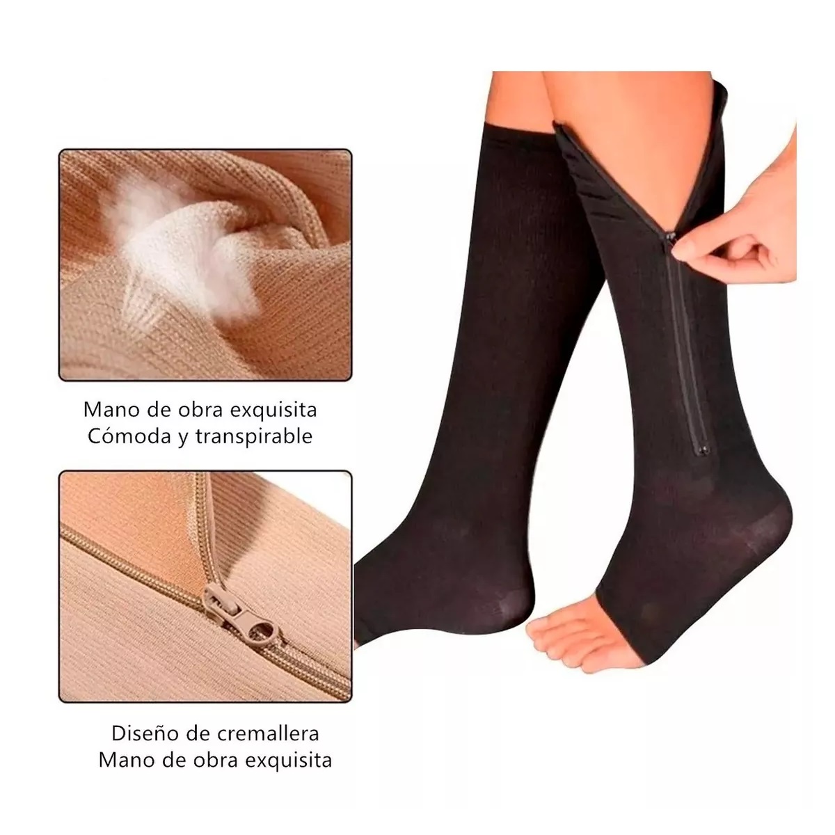 Par Calcetas Compresión Medias Calcetines Cierre Como Zip S/M Negro