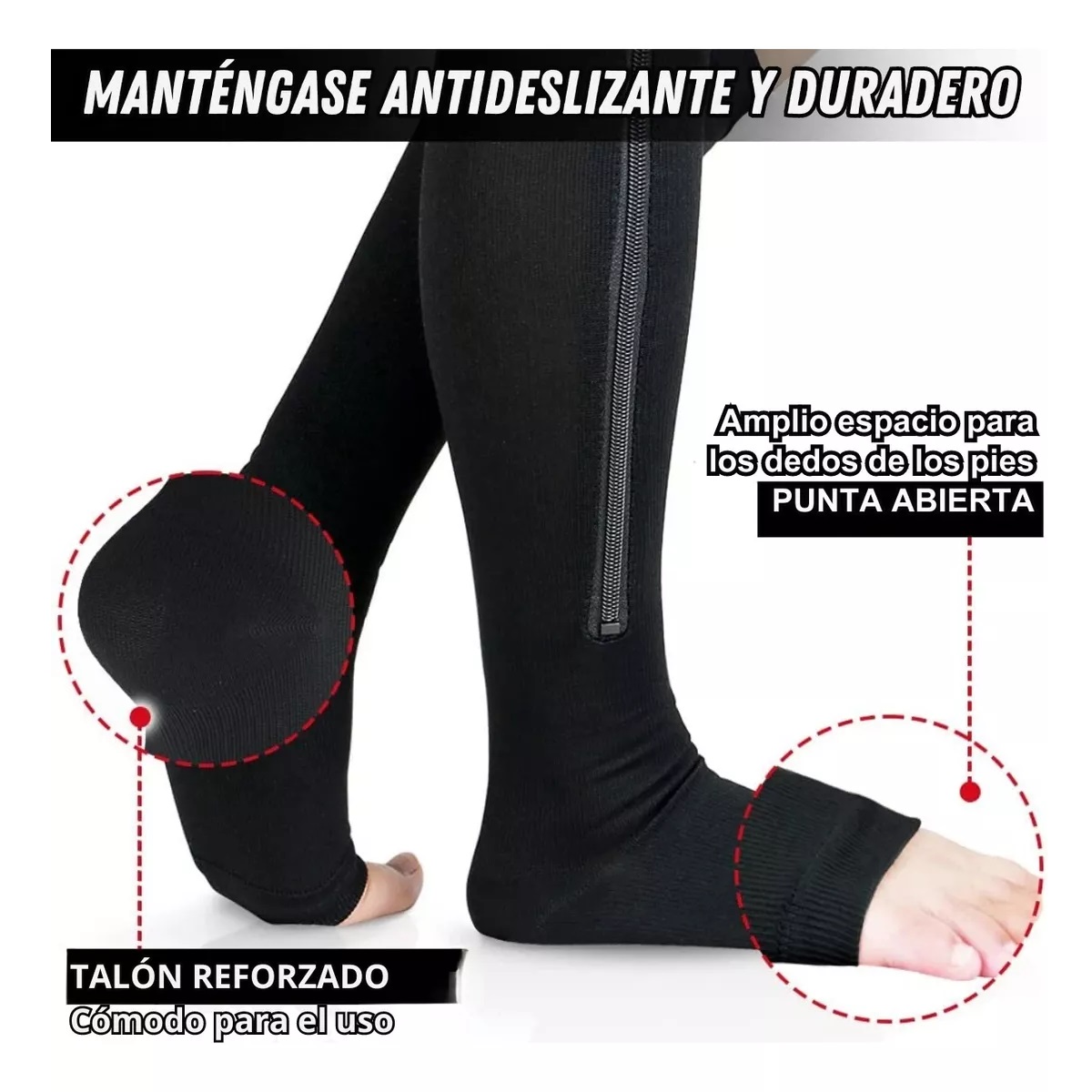 Par Calcetas Compresión Medias Calcetines Cierre Como Zip S/M Negro