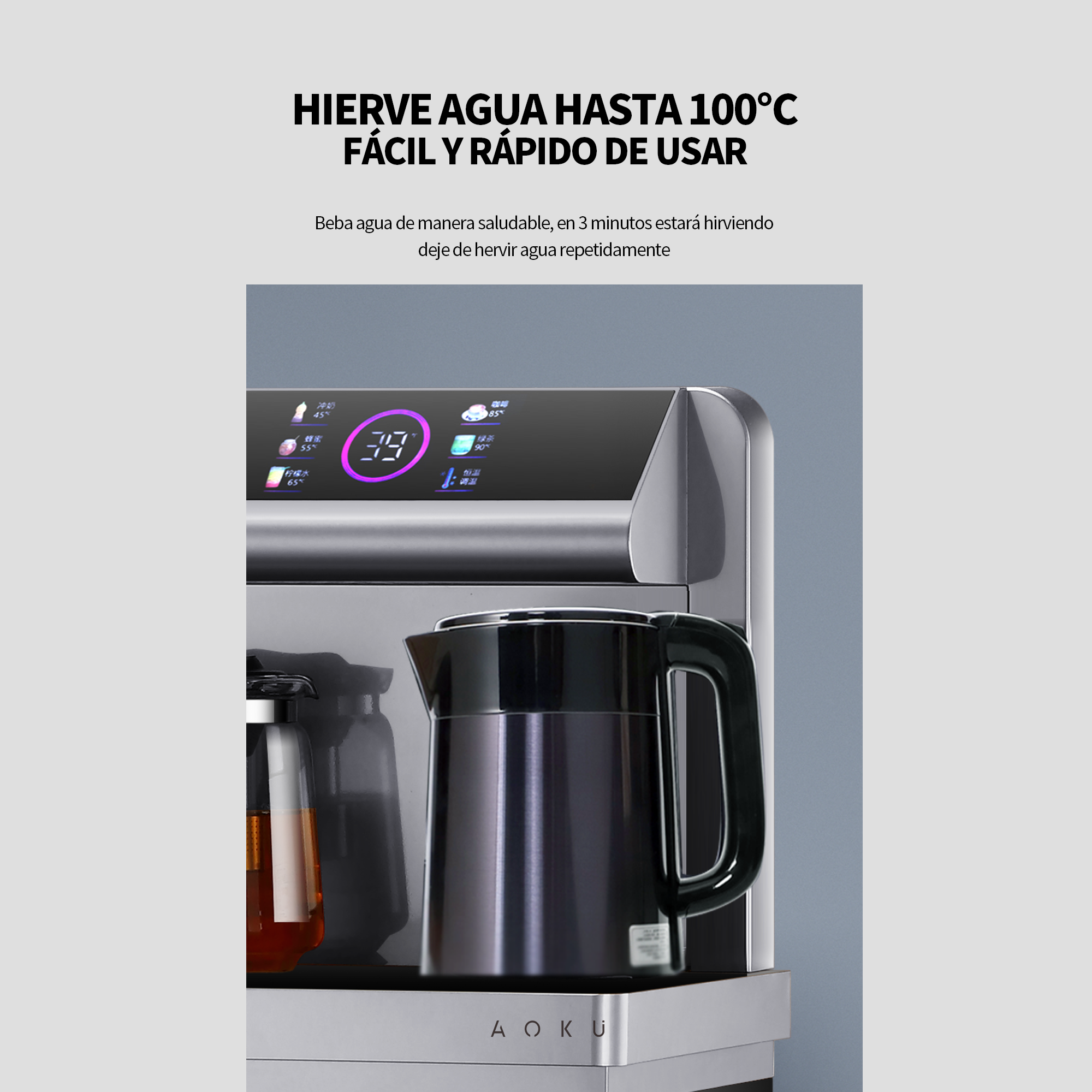 Dispensador De Agua Caliente Y Fría con Panel Touch, Control Remoto Y Almacanamiento AOKU HOME Color Gris