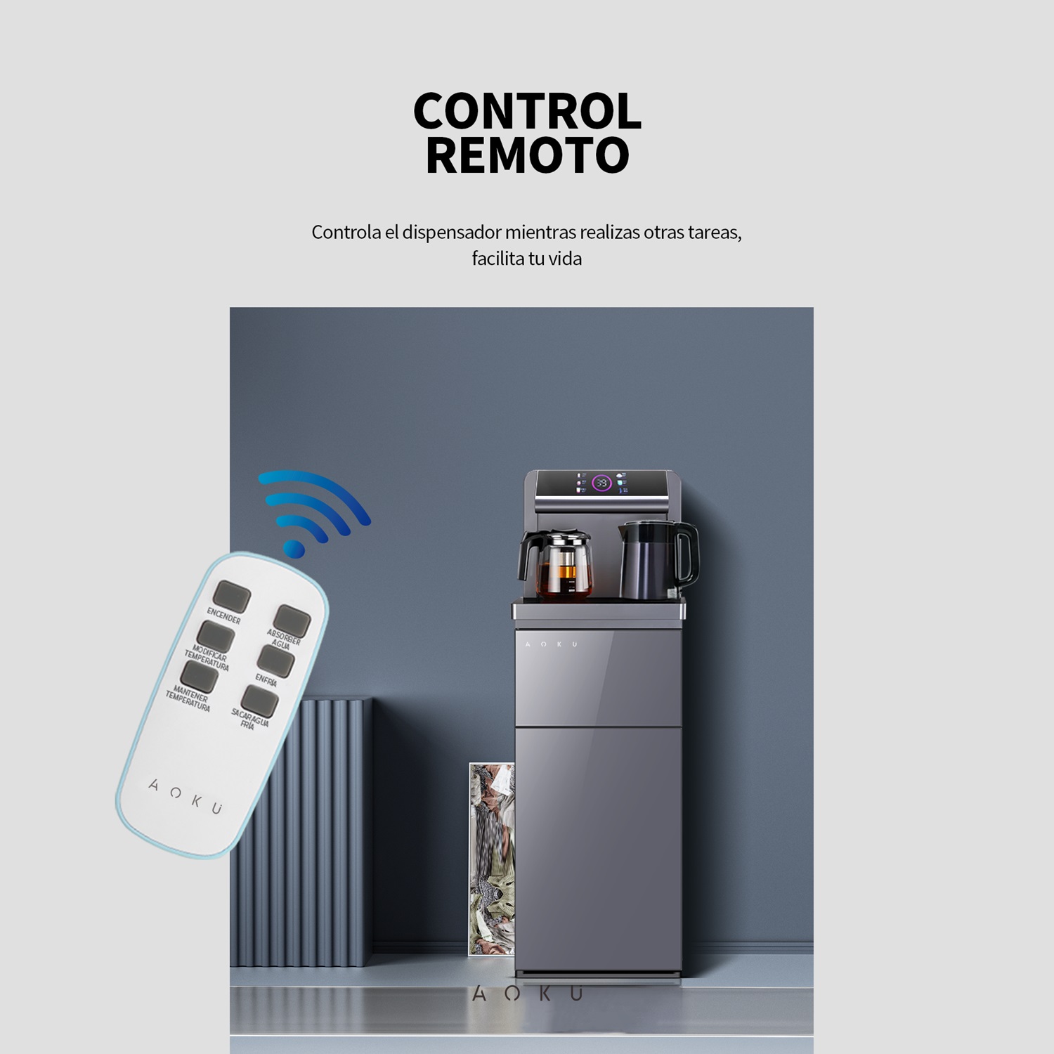 Dispensador De Agua Caliente Y Fría con Panel Touch, Control Remoto Y Almacanamiento AOKU HOME Color Gris
