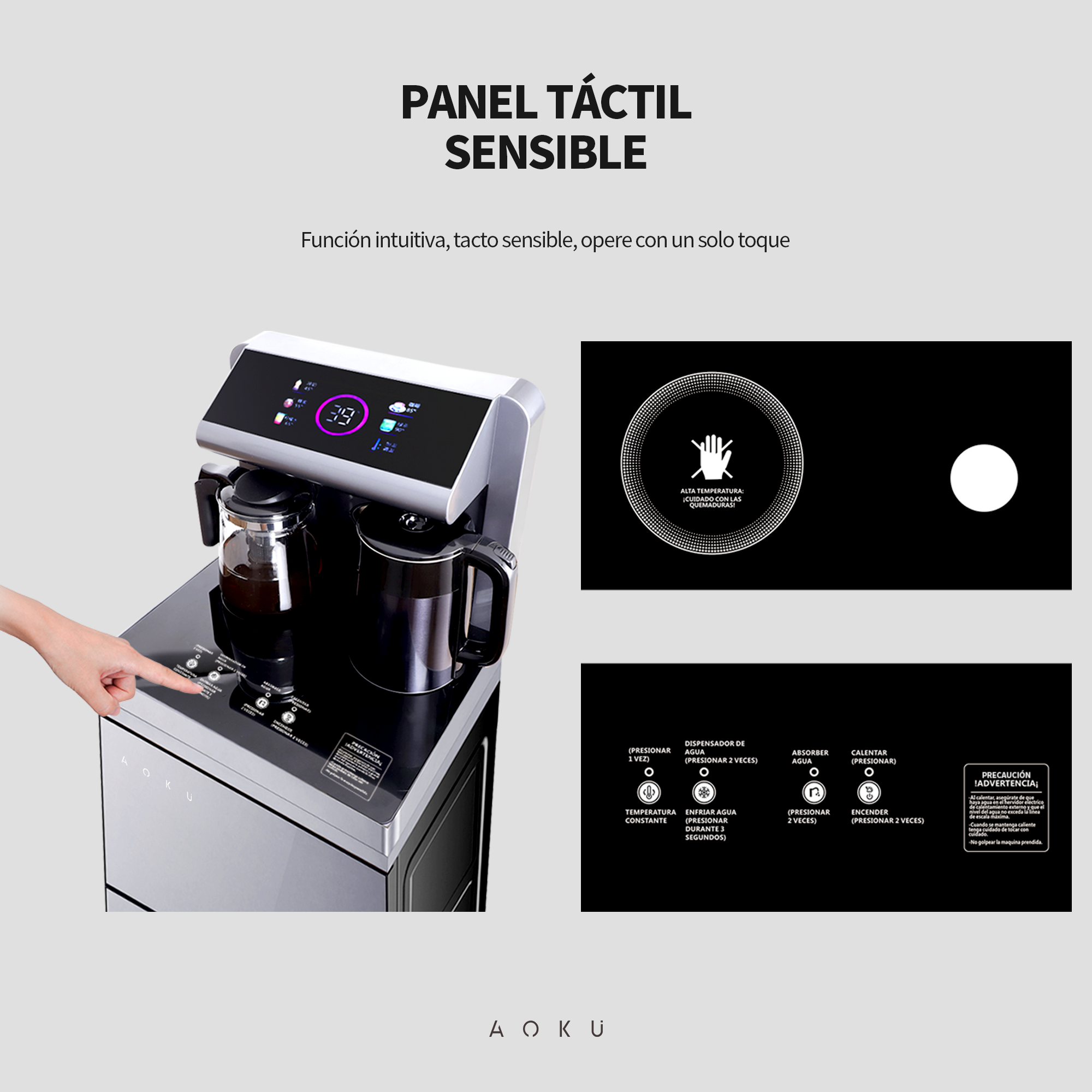 Dispensador De Agua Caliente Y Fría con Panel Touch, Control Remoto Y Almacanamiento AOKU HOME Color Gris