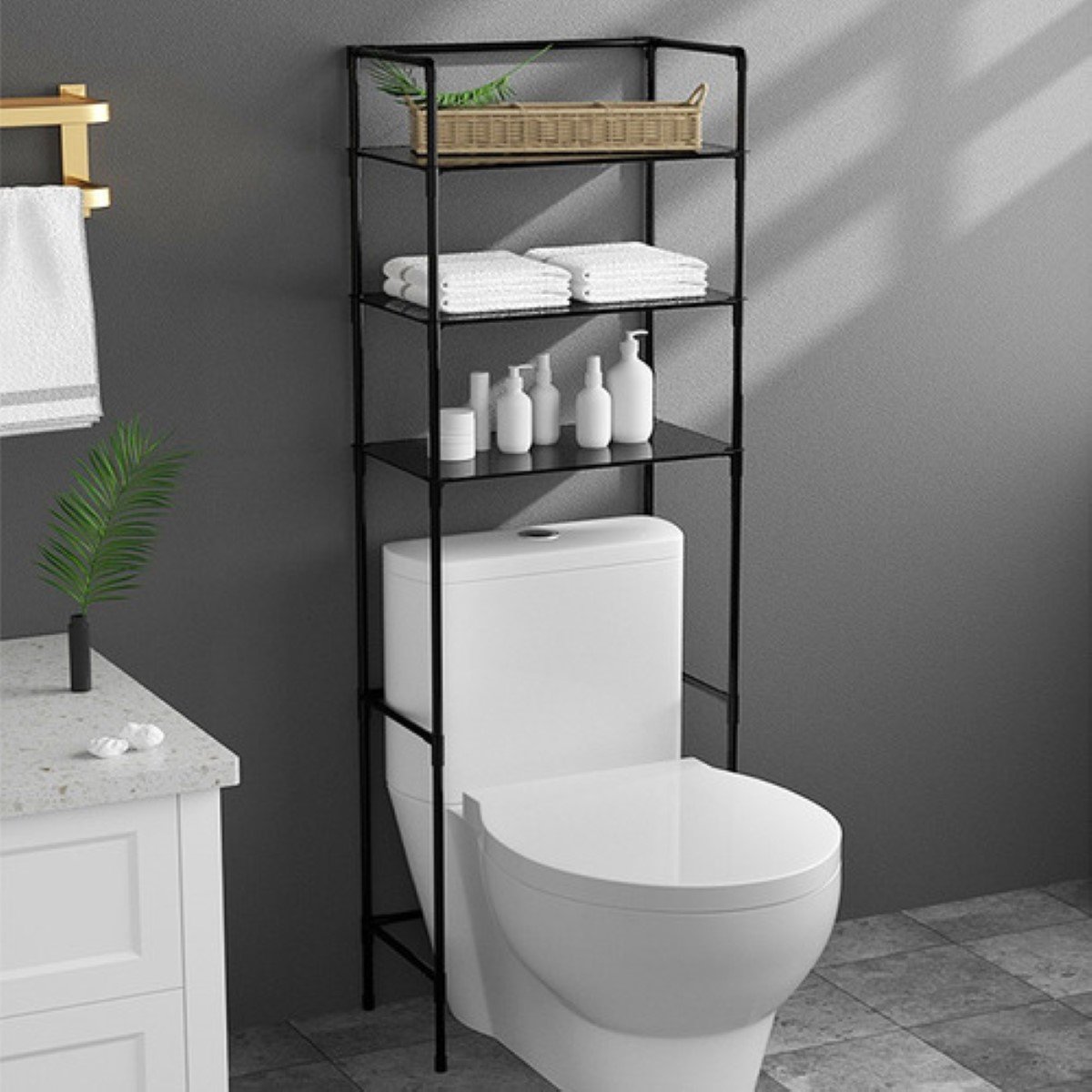  JRMM - Estante de baño de 3 niveles con toallero - Toallero de  pared para almacenamiento de ducha, toallero estantes para baño, cocina,  baño, baño, oficina, accesorios de baño negro mate 