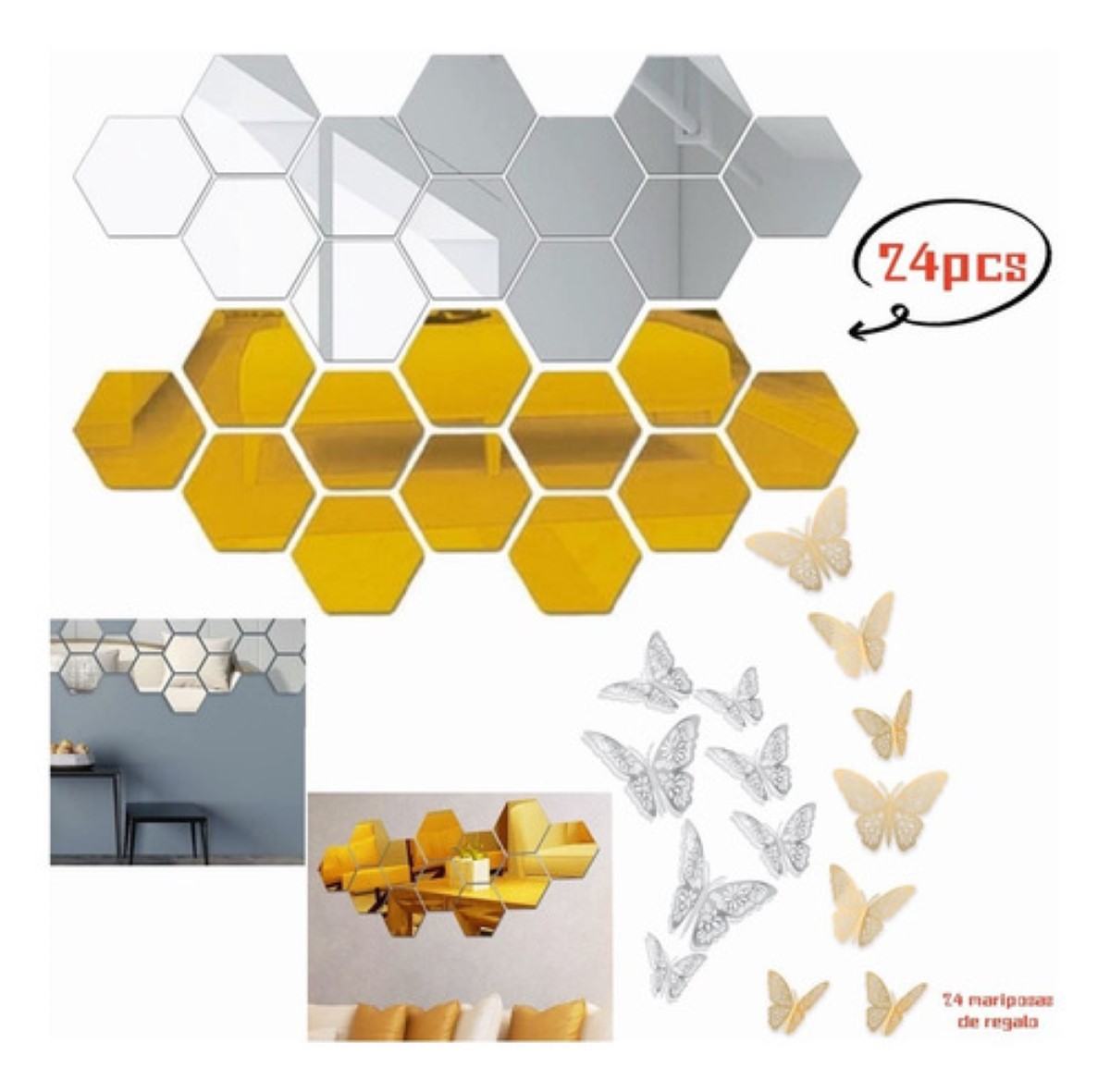 Espejos De Pared Decorativos Acrílico 3d 24 pcs + 24 Mariposas, Oro y Plata