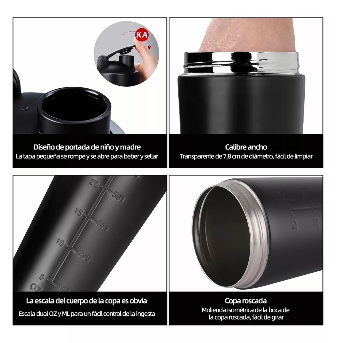 Vaso Shaker Acero Inoxidable Shaker Gym Proteina Negro