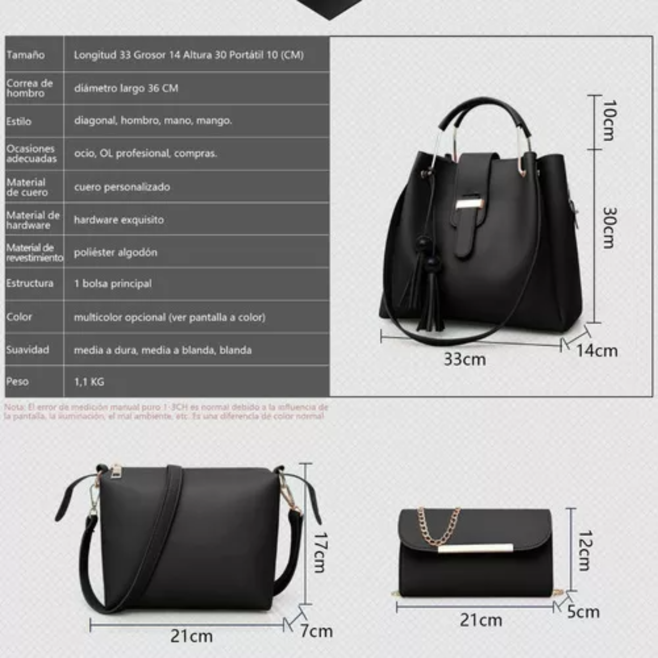 Set 3 Bolsas Bandolera Mujer Cosmetiquera Cartera Crossbody